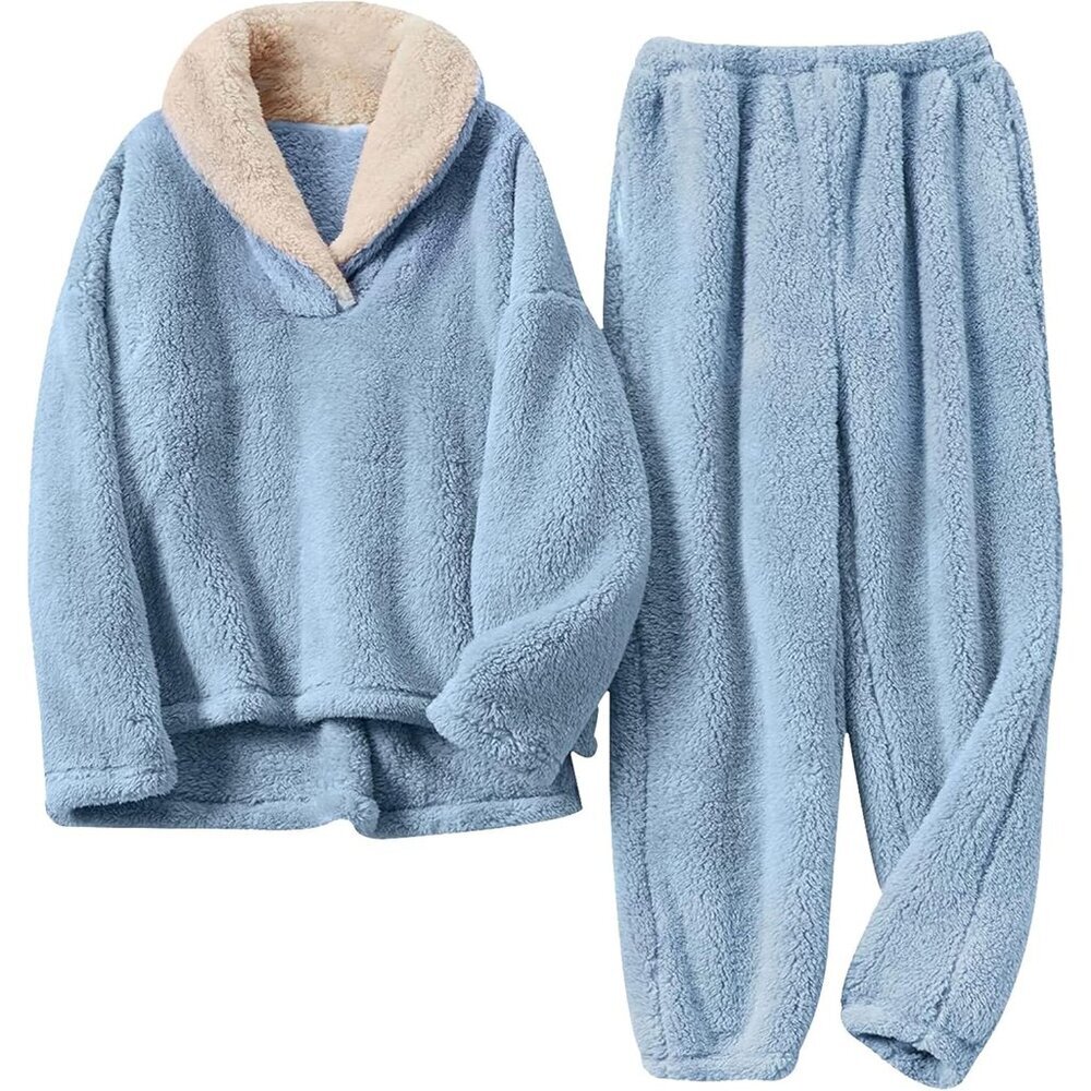 Womens Fleece Pajamas Set Plush Loungewear Sleepwear X-Large Blue